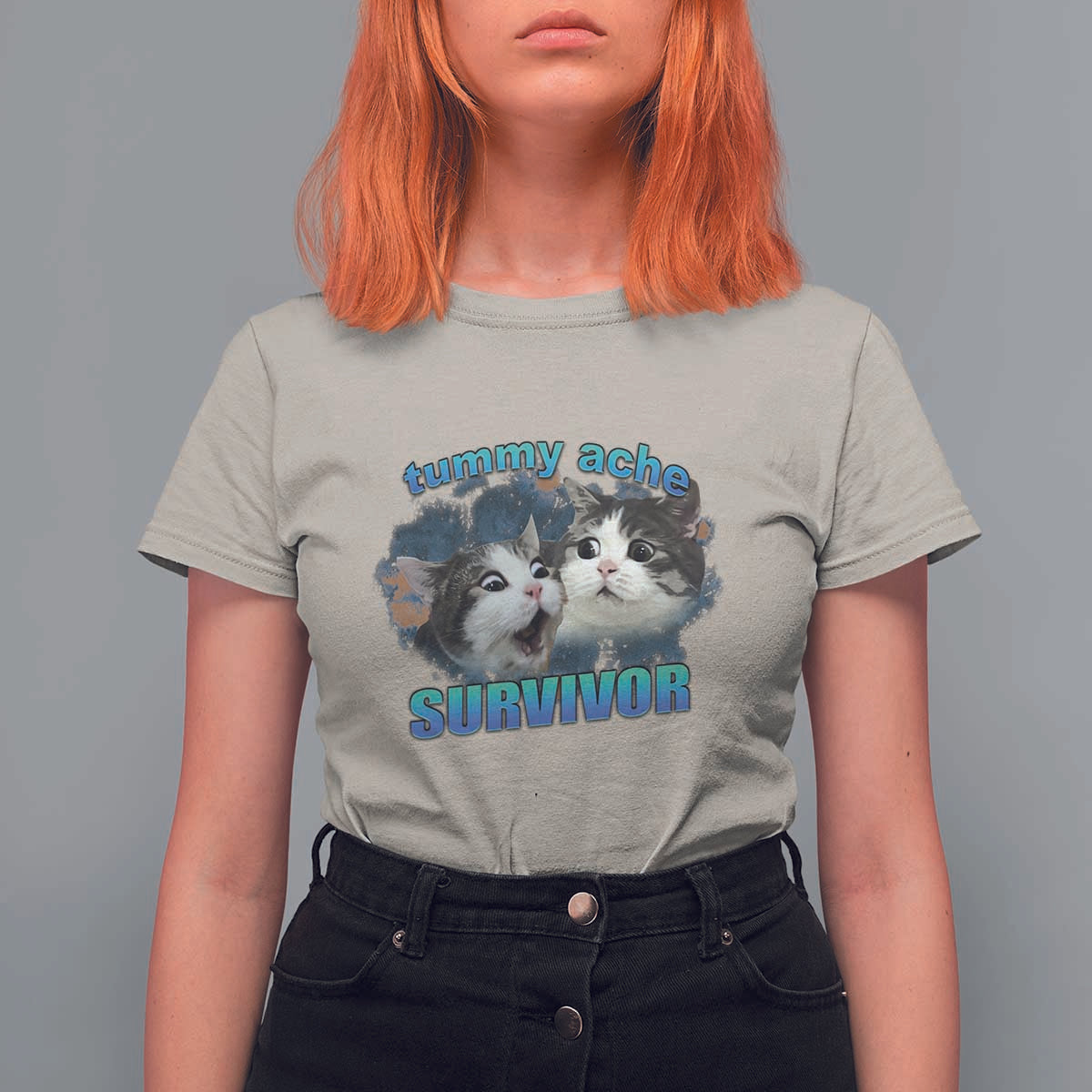 Tummy Ache Survivor T Shirt For Women Funny Cat Meme For Cat Lover - Wonder Print Shop