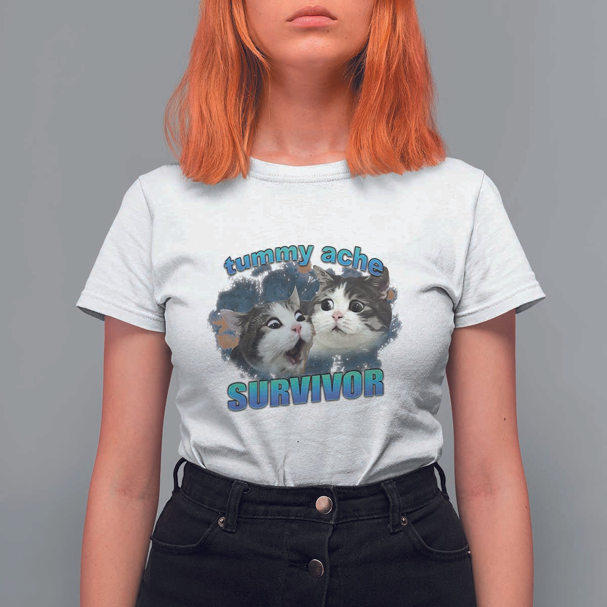 Tummy Ache Survivor T Shirt For Women Funny Cat Meme For Cat Lover - Wonder Print Shop