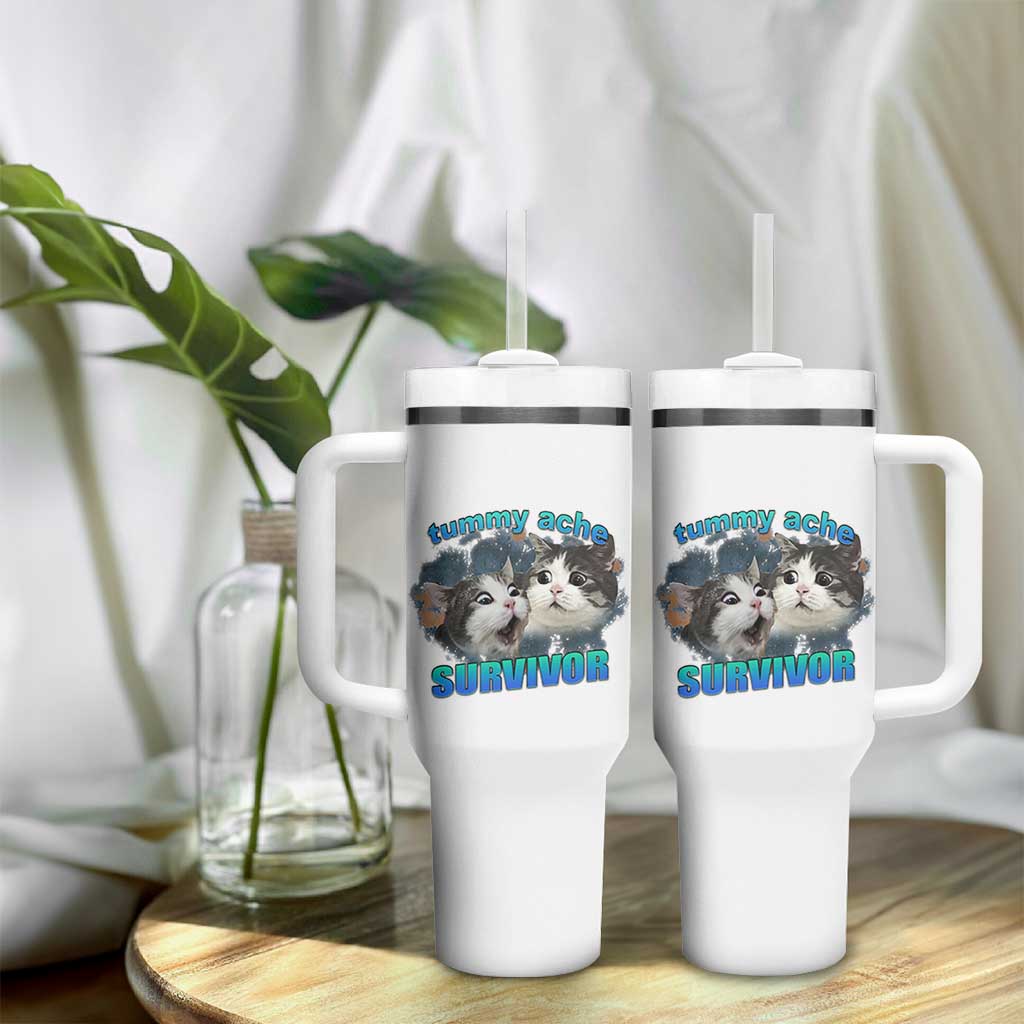 Tummy Ache Survivor Tumbler With Handle Funny Cat Meme For Cat Lover