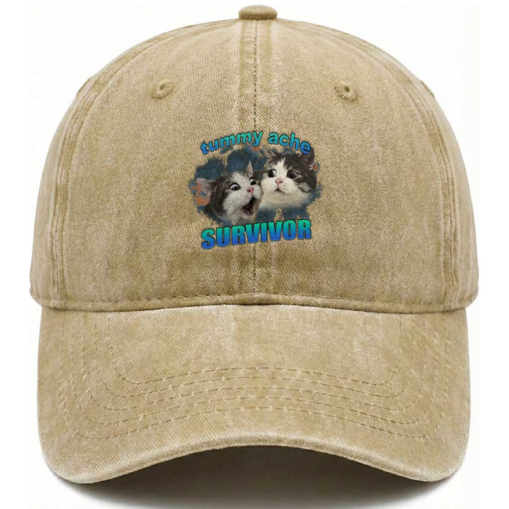 Tummy Ache Survivor Washed Cotton Baseball Cap Funny Cat Meme For Cat Lover