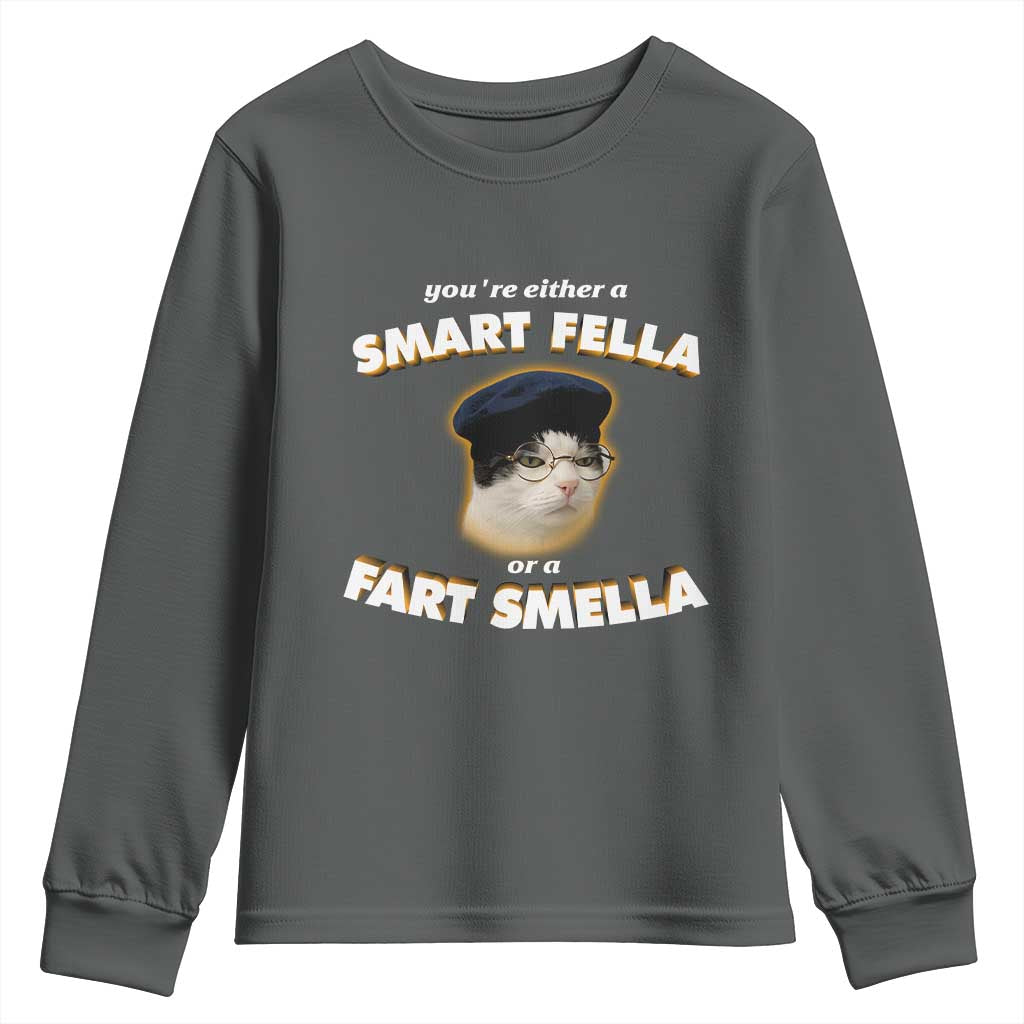 Funny Cat Farts Meme Youth Sweatshirt You're Either A Smart Fella Or A Fart Smella - Wonder Print Shop