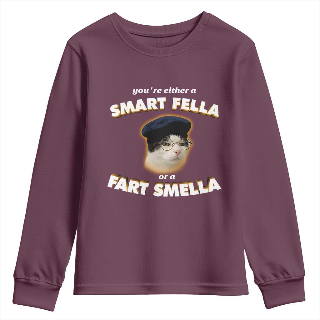 Funny Cat Farts Meme Youth Sweatshirt You're Either A Smart Fella Or A Fart Smella - Wonder Print Shop