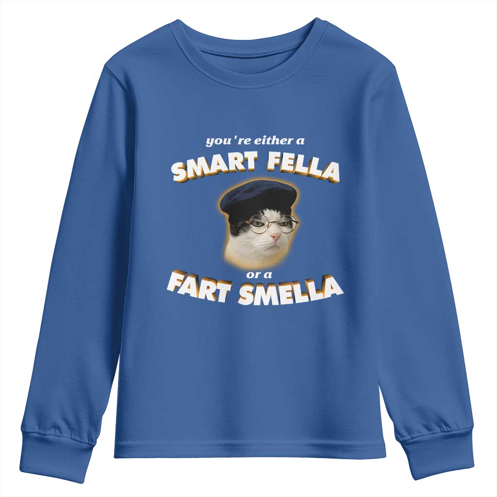 Funny Cat Farts Meme Youth Sweatshirt You're Either A Smart Fella Or A Fart Smella - Wonder Print Shop