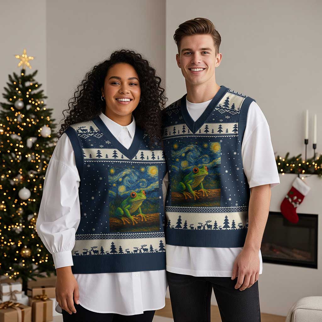 Funny Frog V-Neck Knit Sweater Vest Van Gogh Style Starry Night - Wonder Print Shop