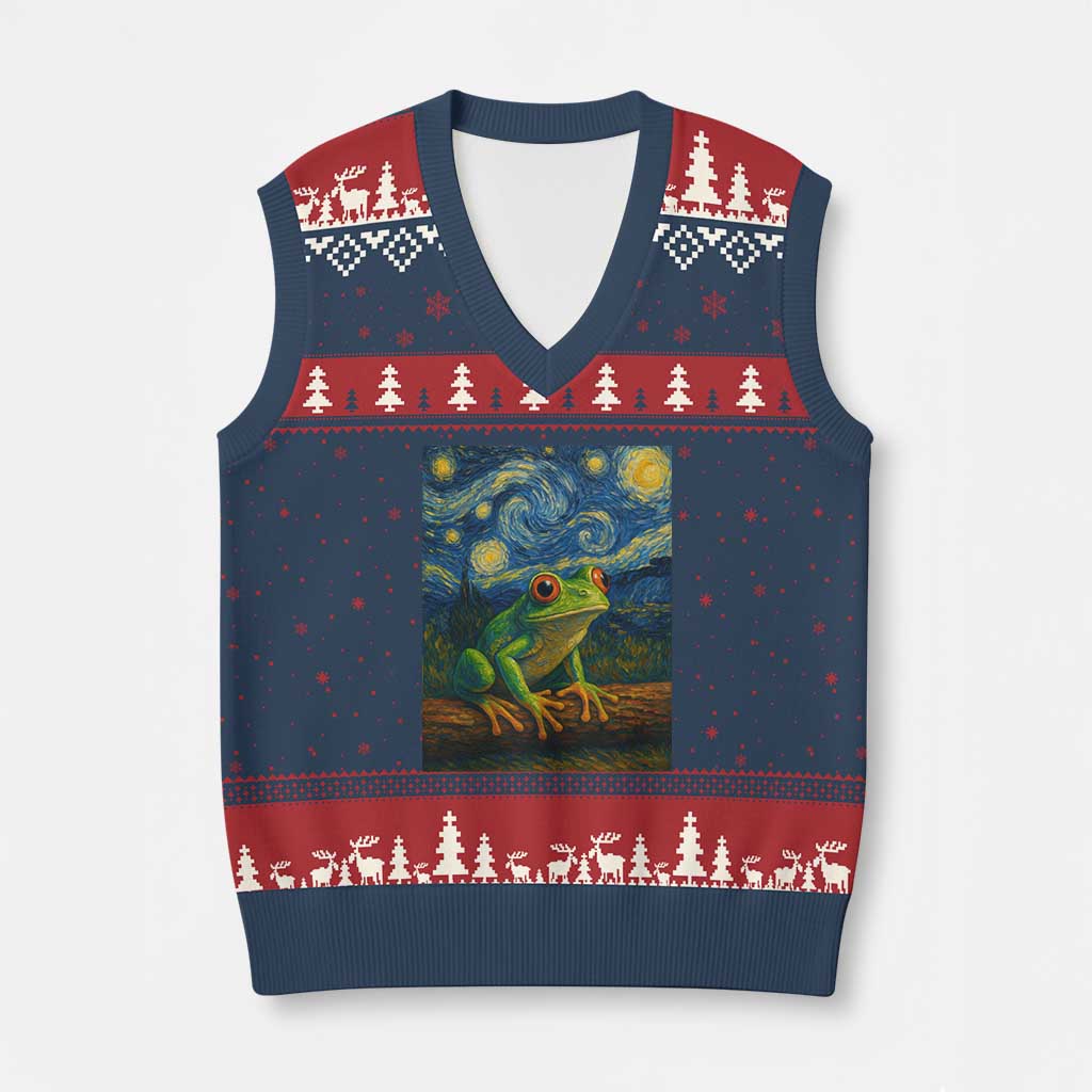 Funny Frog V-Neck Knit Sweater Vest Van Gogh Style Starry Night - Wonder Print Shop
