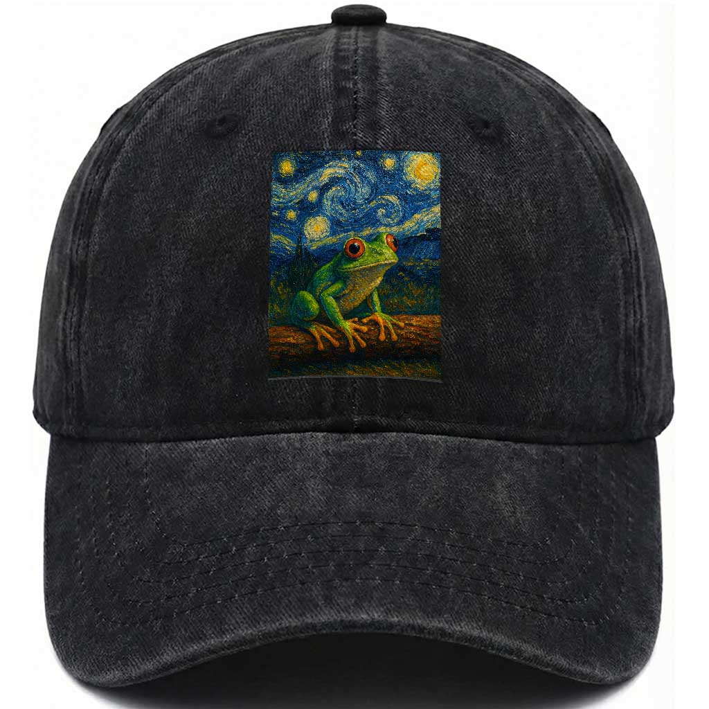 Funny Frog Washed Cotton Baseball Cap Van Gogh Style Starry Night