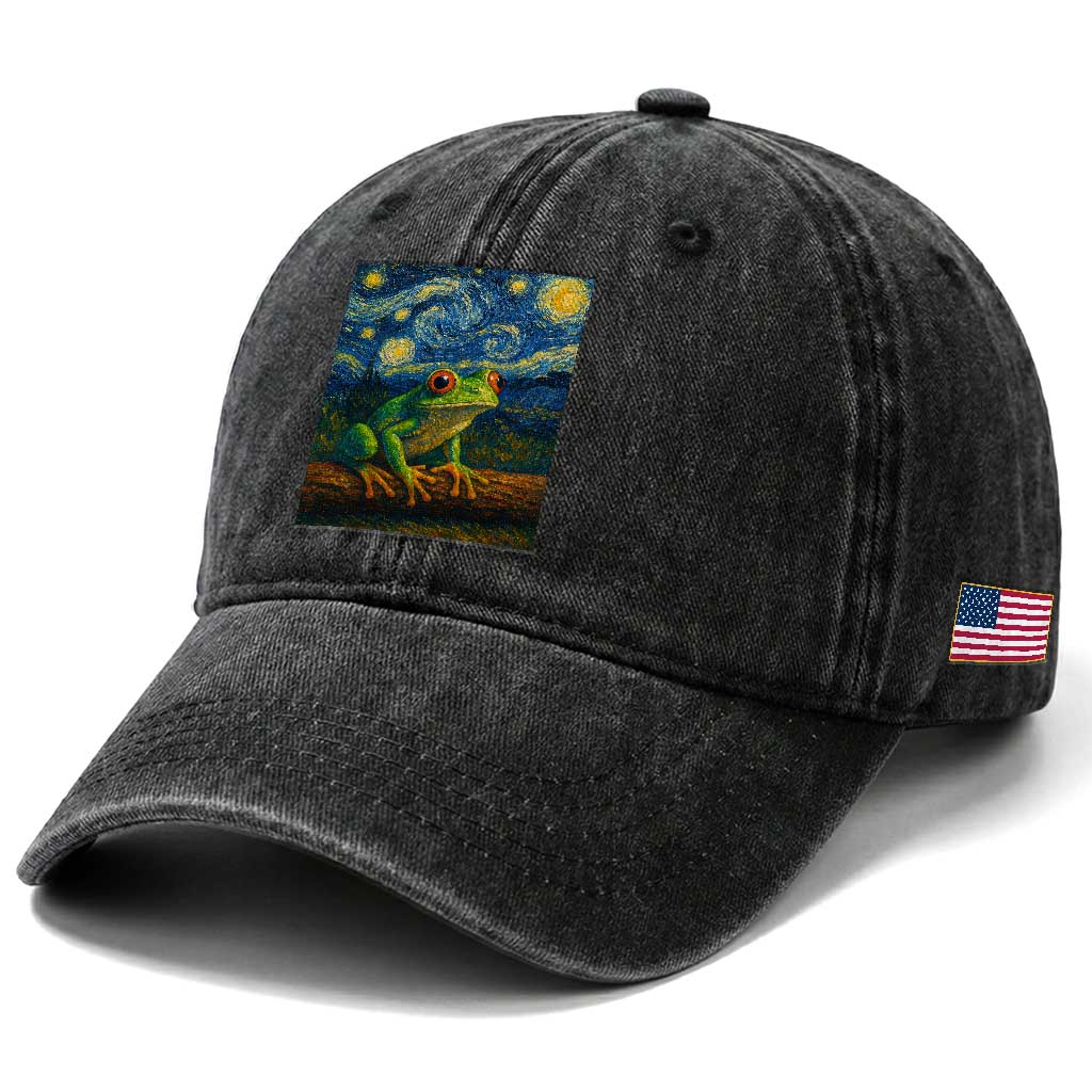 Funny Frog Washed Cotton Baseball Cap Van Gogh Style Starry Night