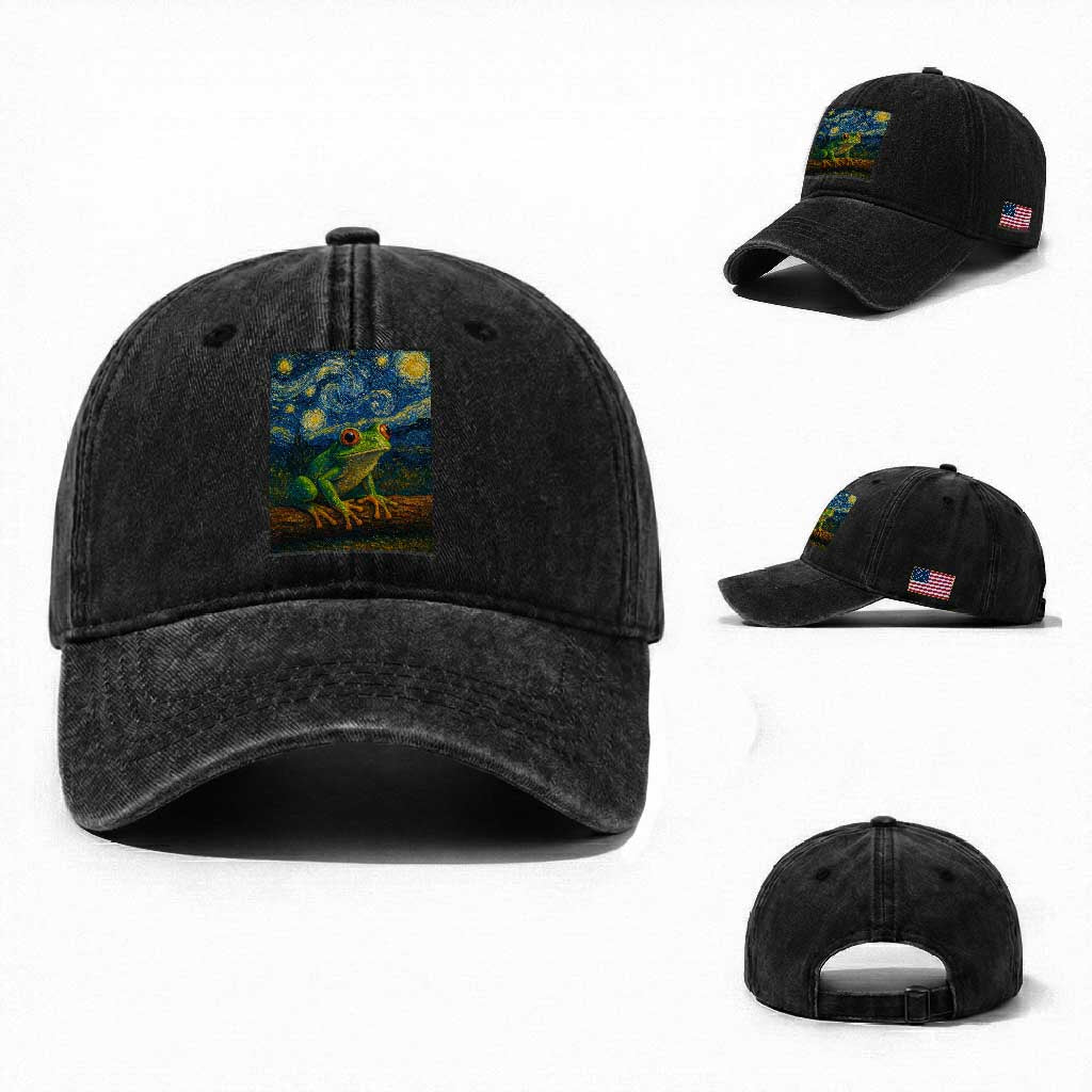 Funny Frog Washed Cotton Baseball Cap Van Gogh Style Starry Night