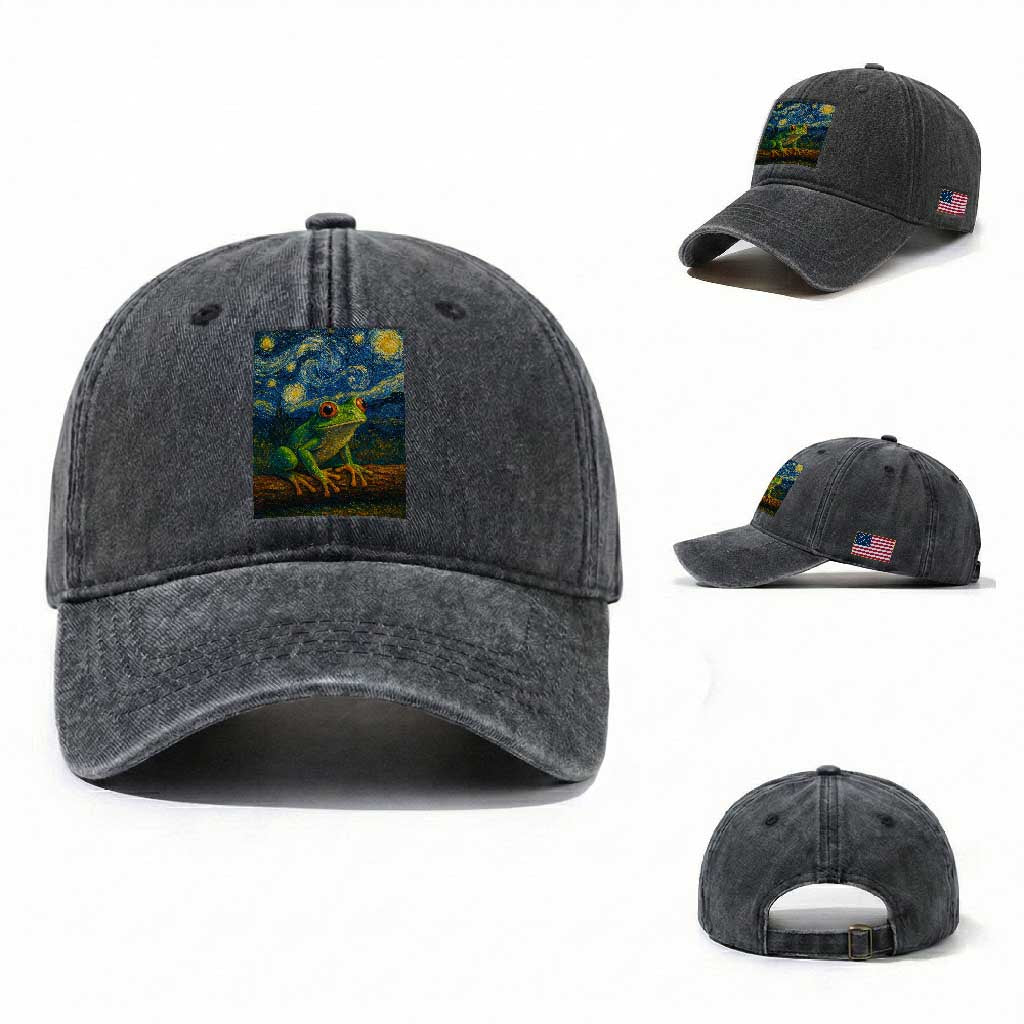 Funny Frog Washed Cotton Baseball Cap Van Gogh Style Starry Night