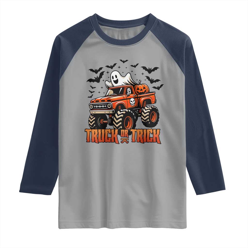 Truck Or Treat Ghost Racing Raglan Shirt Funny Halloween Monster Truck Lover - Wonder Print Shop