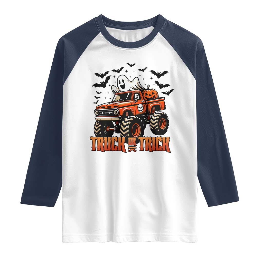 Truck Or Treat Ghost Racing Raglan Shirt Funny Halloween Monster Truck Lover - Wonder Print Shop