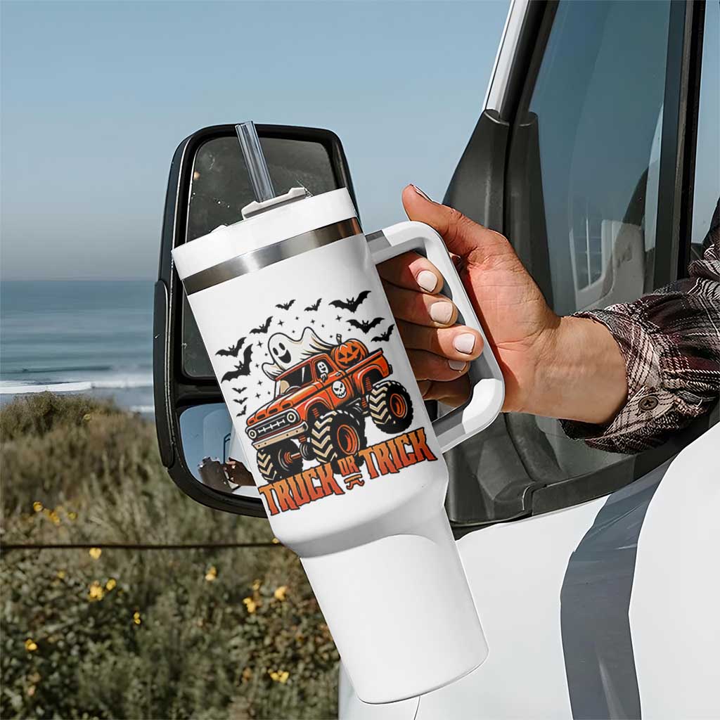 Truck Or Treat Ghost Racing Tumbler With Handle Funny Halloween Monster Truck Lover