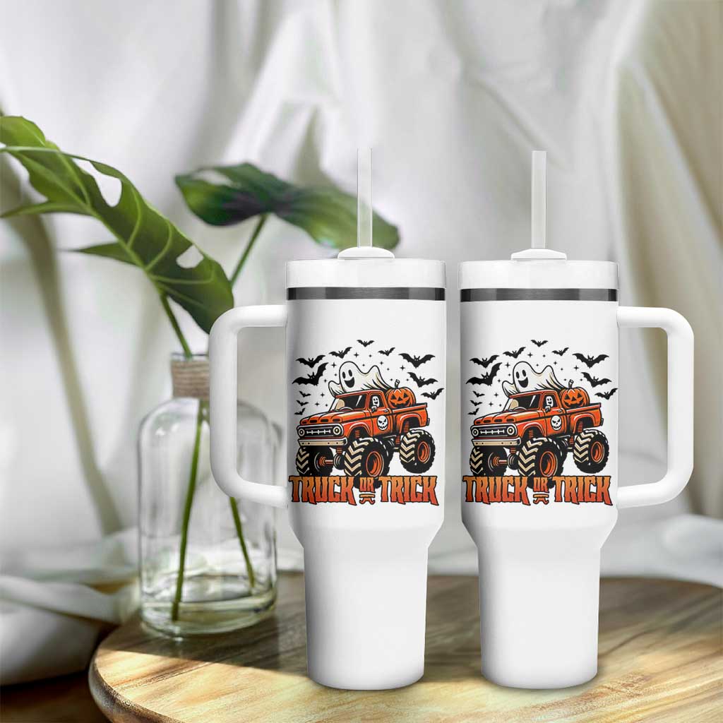 Truck Or Treat Ghost Racing Tumbler With Handle Funny Halloween Monster Truck Lover