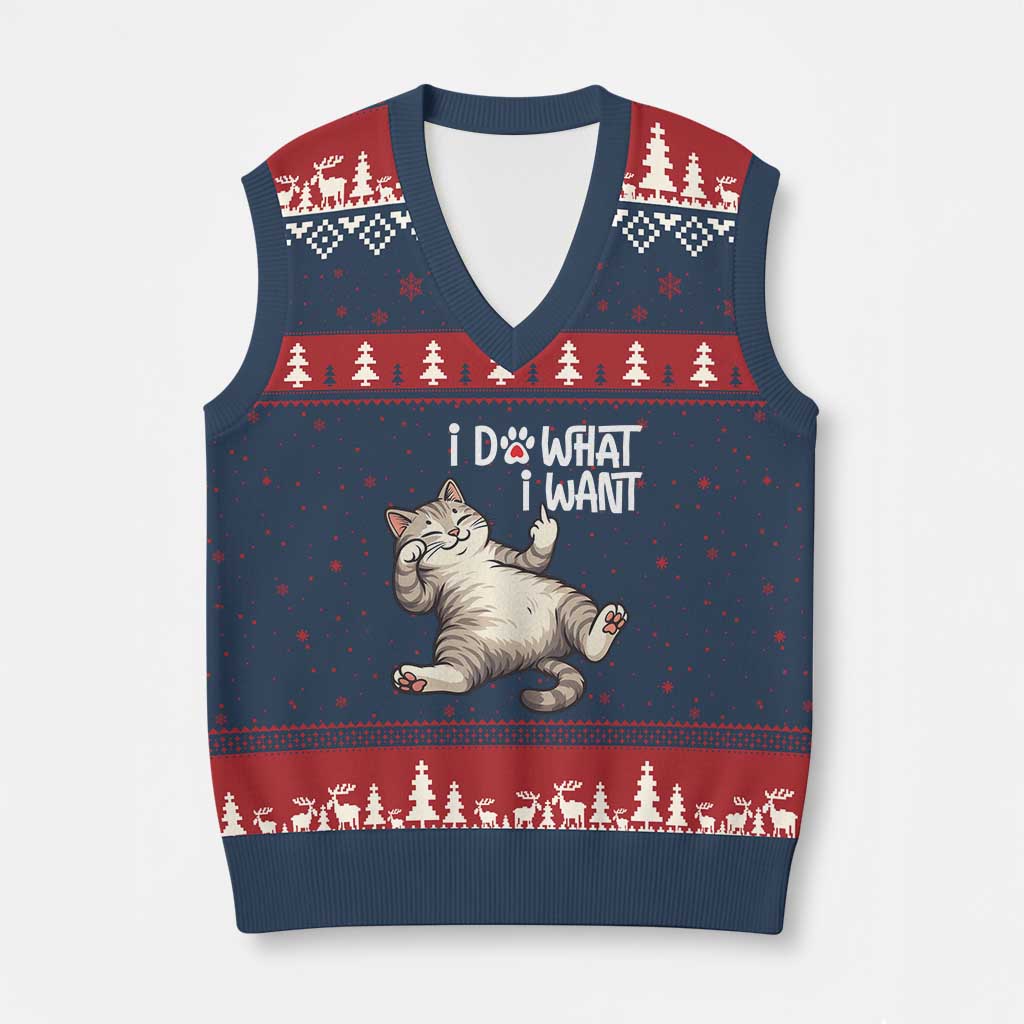Funny Cat V-Neck Knit Sweater Vest I Do What I Want - Wonder Print Shop