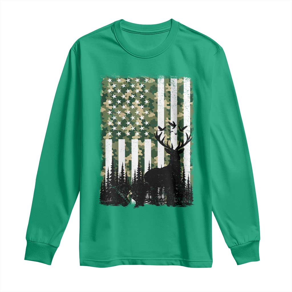 Deer Hunting Long Sleeve Shirt American Flag Camo Gift - Wonder Print Shop
