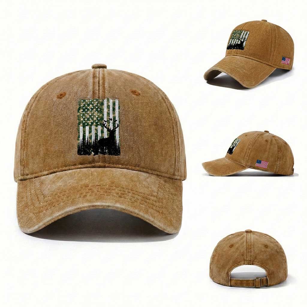 Deer Hunting Washed Cotton Baseball Cap American Flag Camo Gift