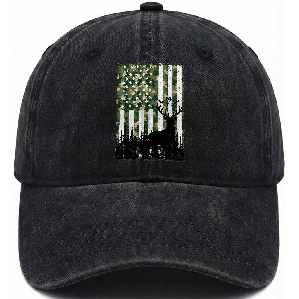 Deer Hunting Washed Cotton Baseball Cap American Flag Camo Gift