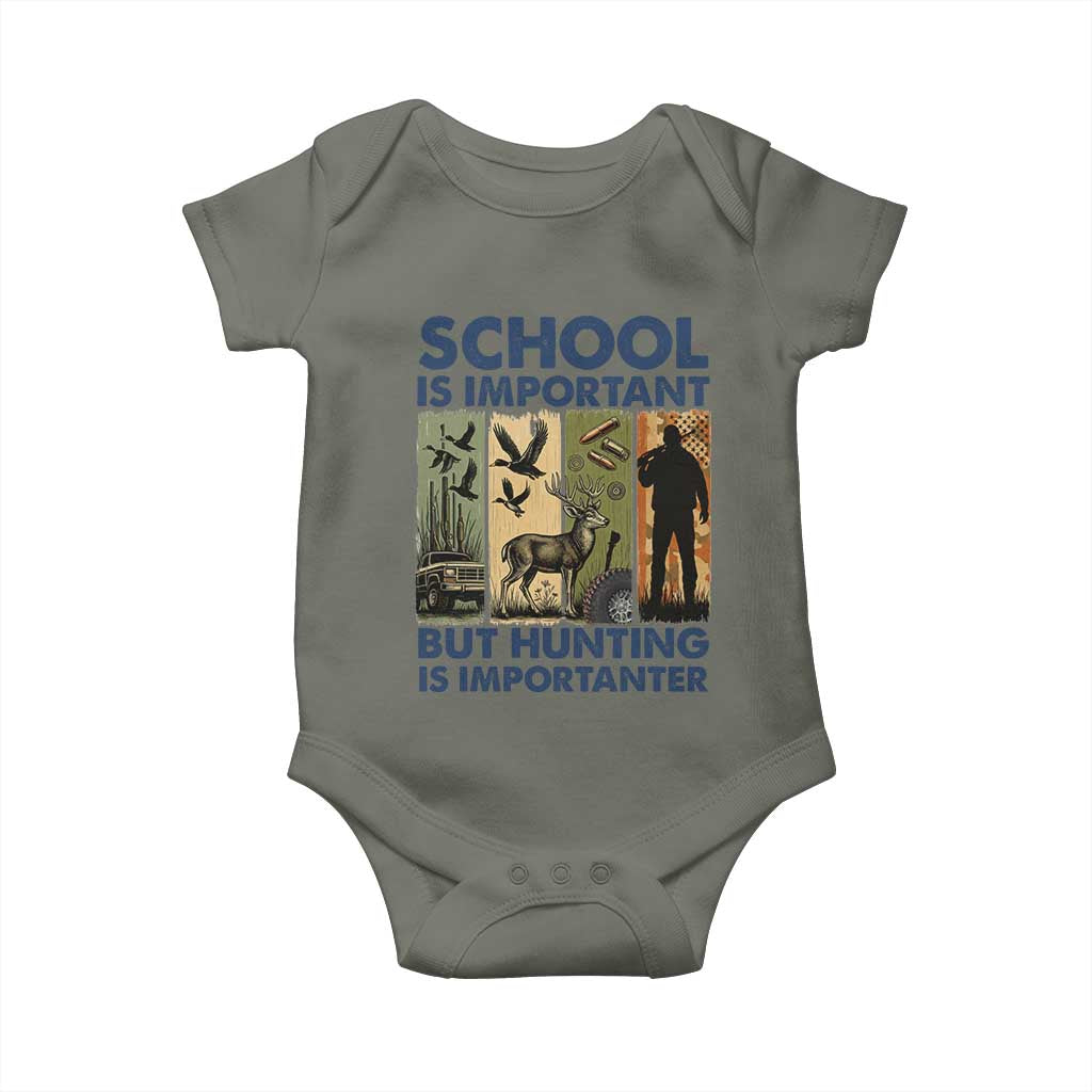 School Is Important But Hunting Is Importanter Baby Onesie Retro Deer Hunting Gift - Wonder Print Shop