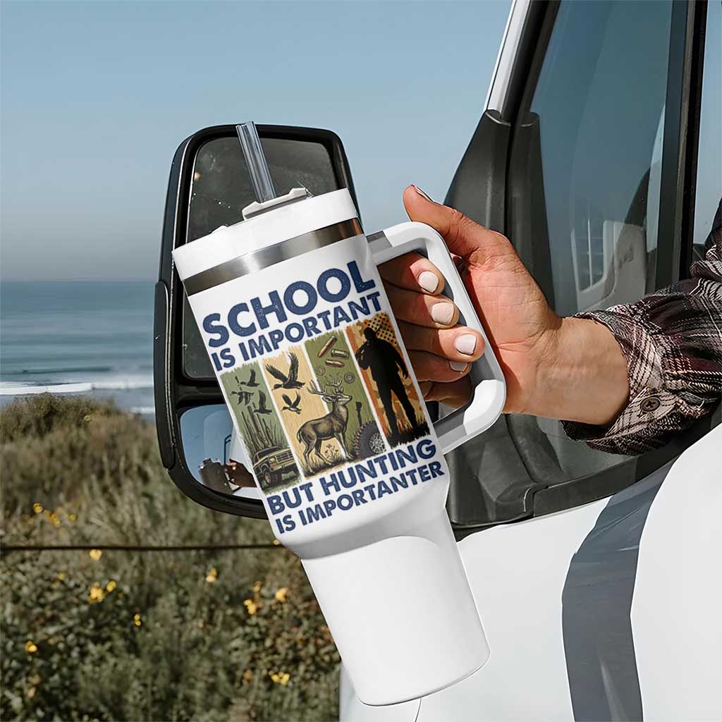 School Is Important But Hunting Is Importanter Tumbler With Handle Retro Deer Hunting Gift