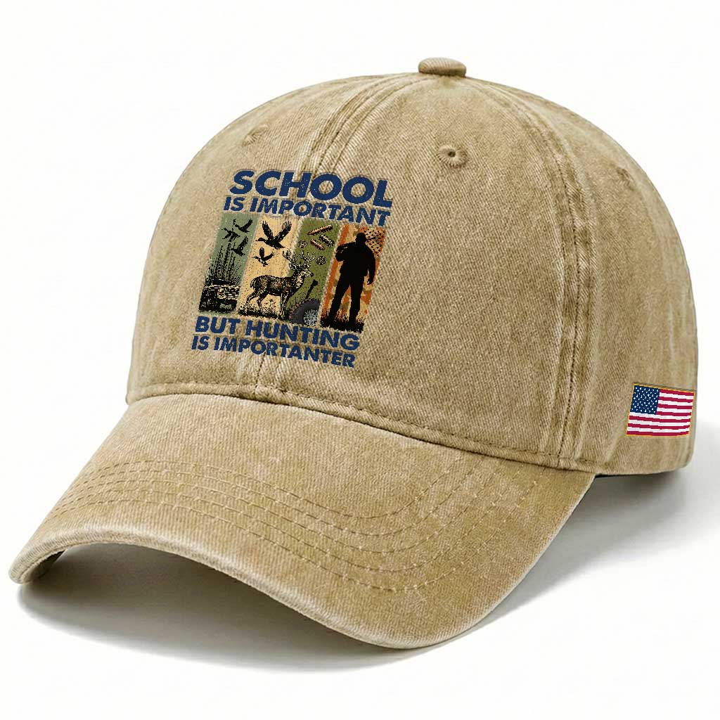 School Is Important But Hunting Is Importanter Washed Cotton Baseball Cap Retro Deer Hunting Gift