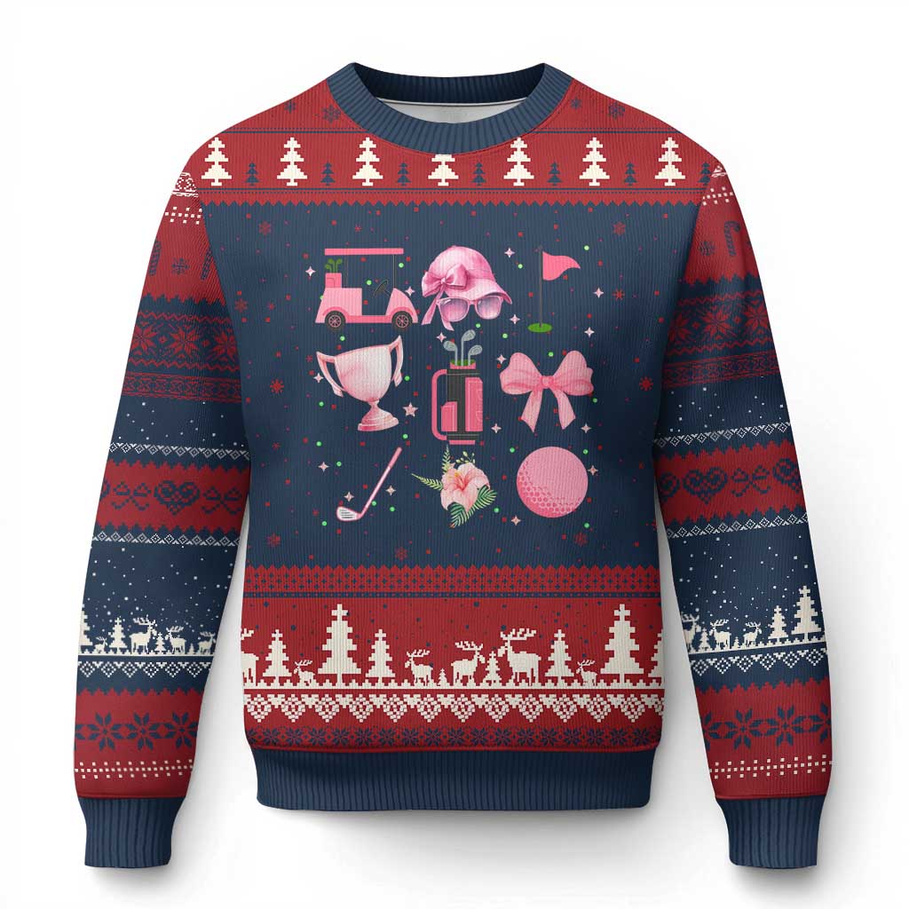 Womens Golf Lover Ugly Christmas Sweater Cute Pink Bow Golf Sports Gift - Wonder Print Shop