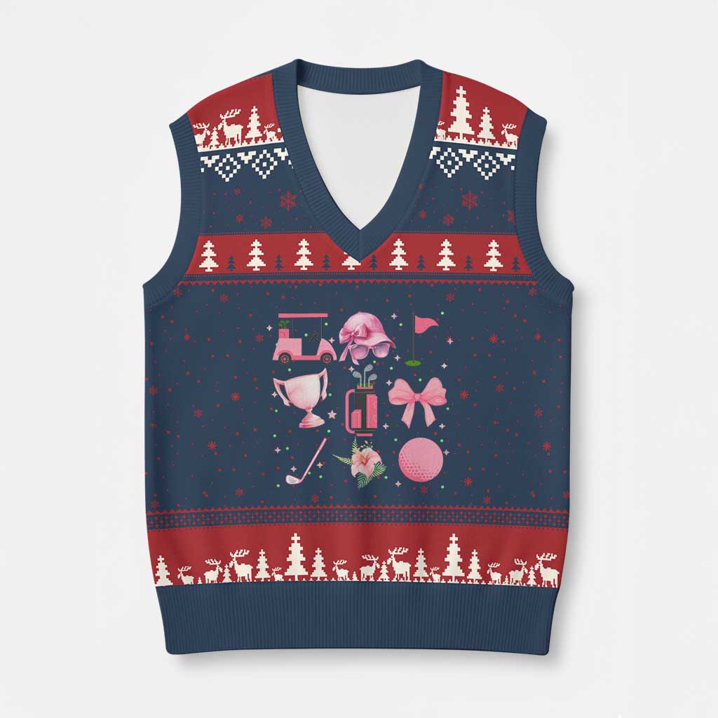 Womens Golf Lover V-Neck Knit Sweater Vest Cute Pink Bow Golf Sports Gift - Wonder Print Shop