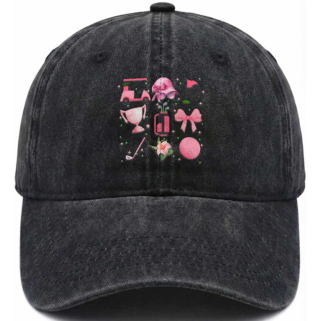 Womens Golf Lover Washed Cotton Baseball Cap Cute Pink Bow Golf Sports Gift