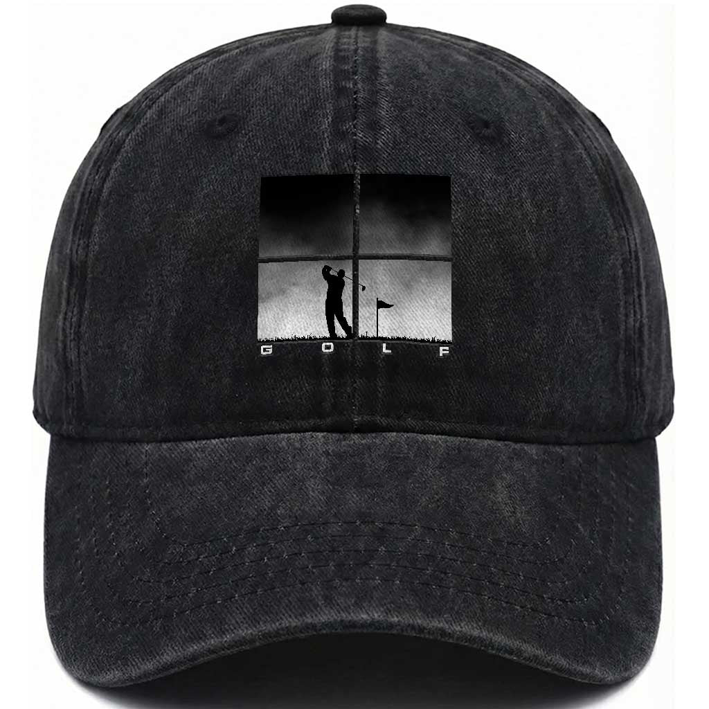 Gift For Sports Lover Washed Cotton Baseball Cap Retro Golf Silhouette Art