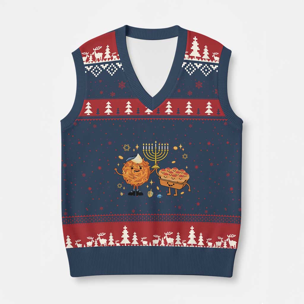 Hanukkah Sufganiyah And Latke Lifting Menorah V-Neck Knit Sweater Vest Funny Holiday Gift - Wonder Print Shop