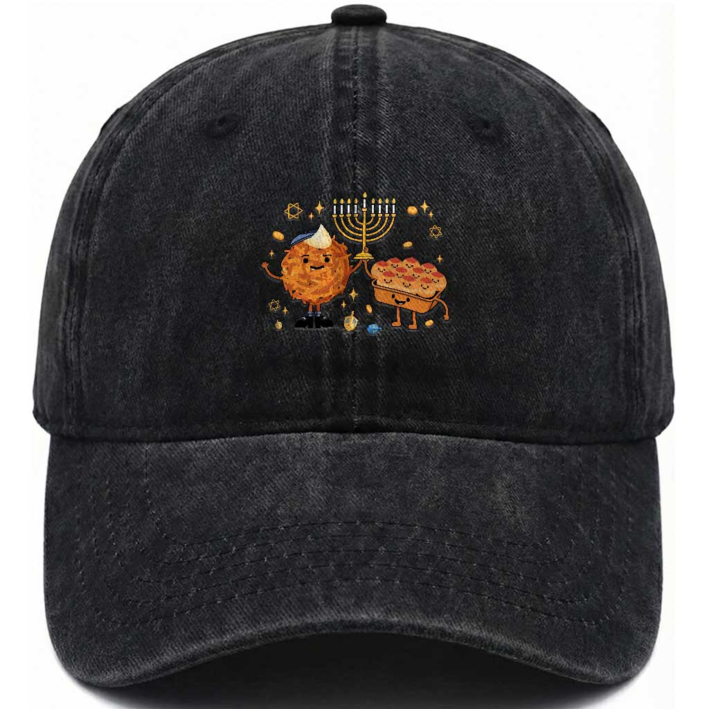 Hanukkah Sufganiyah And Latke Lifting Menorah Washed Cotton Baseball Cap Funny Holiday Gift