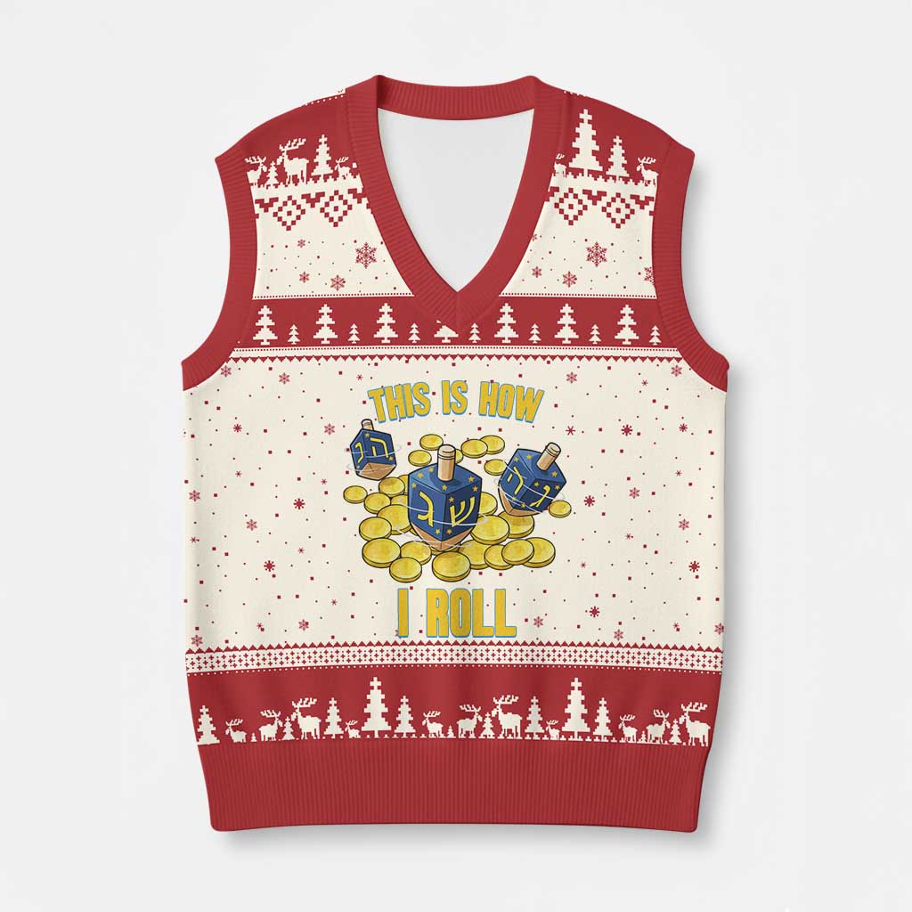 Funny Hanukkah Dreidel V-Neck Knit Sweater Vest This Is How I Roll Gift - Wonder Print Shop