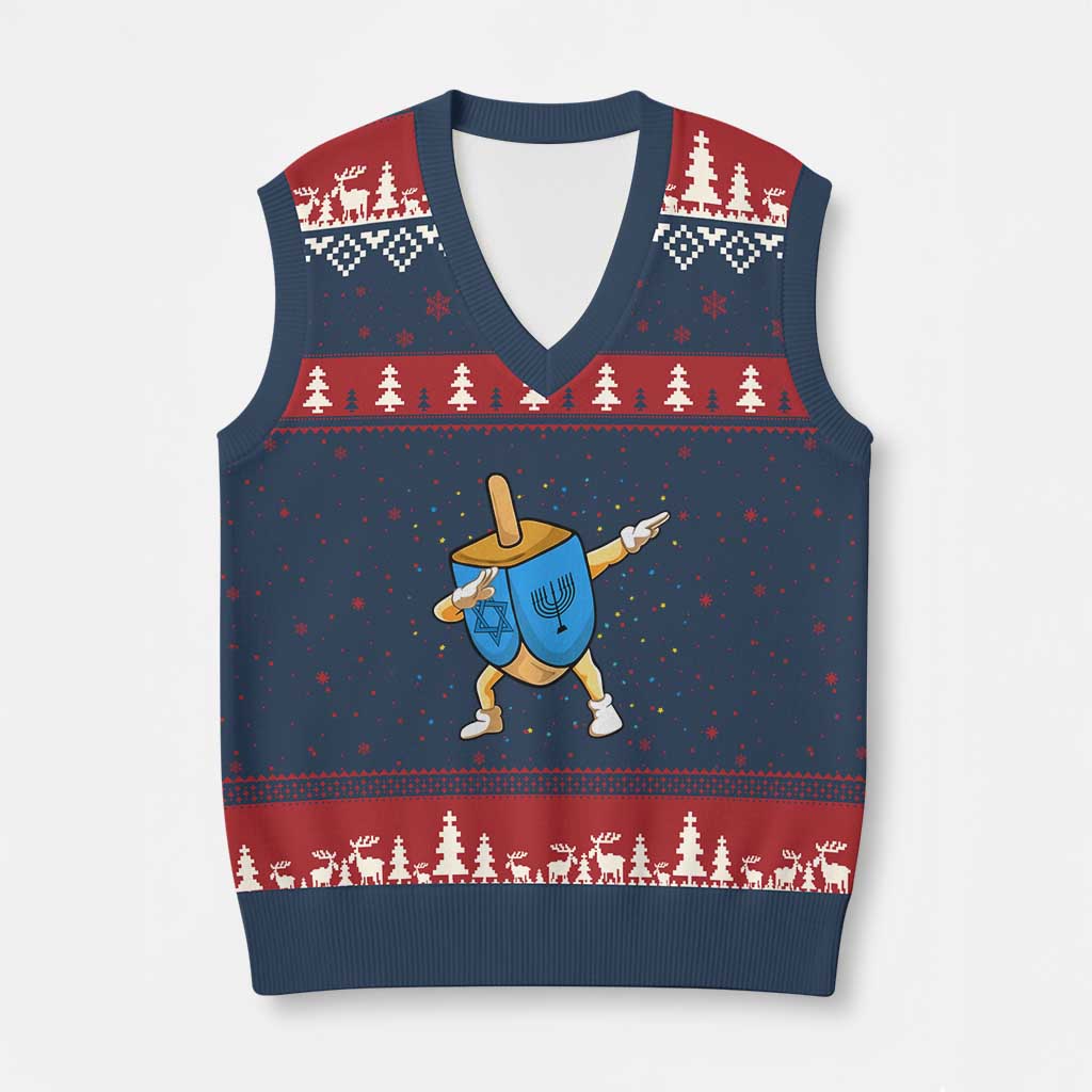 Funny Hanukkah Dreidel Dabbing Holiday Gift V-Neck Knit Sweater Vest - Wonder Print Shop