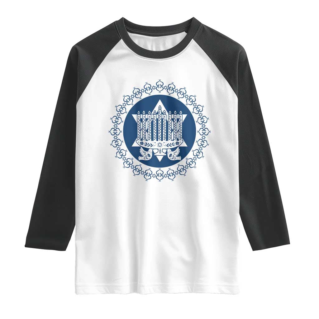 Hanukkah Vintage Menorah Peace Doves Raglan Shirt Festival Of Lights Gift - Wonder Print Shop