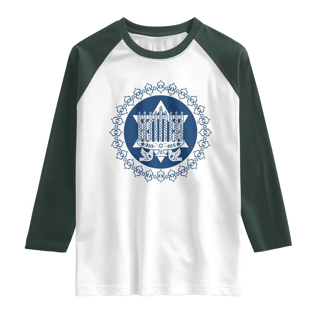 Hanukkah Vintage Menorah Peace Doves Raglan Shirt Festival Of Lights Gift - Wonder Print Shop