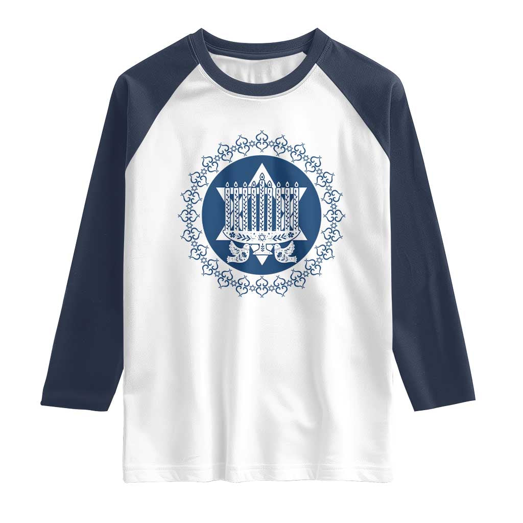 Hanukkah Vintage Menorah Peace Doves Raglan Shirt Festival Of Lights Gift - Wonder Print Shop