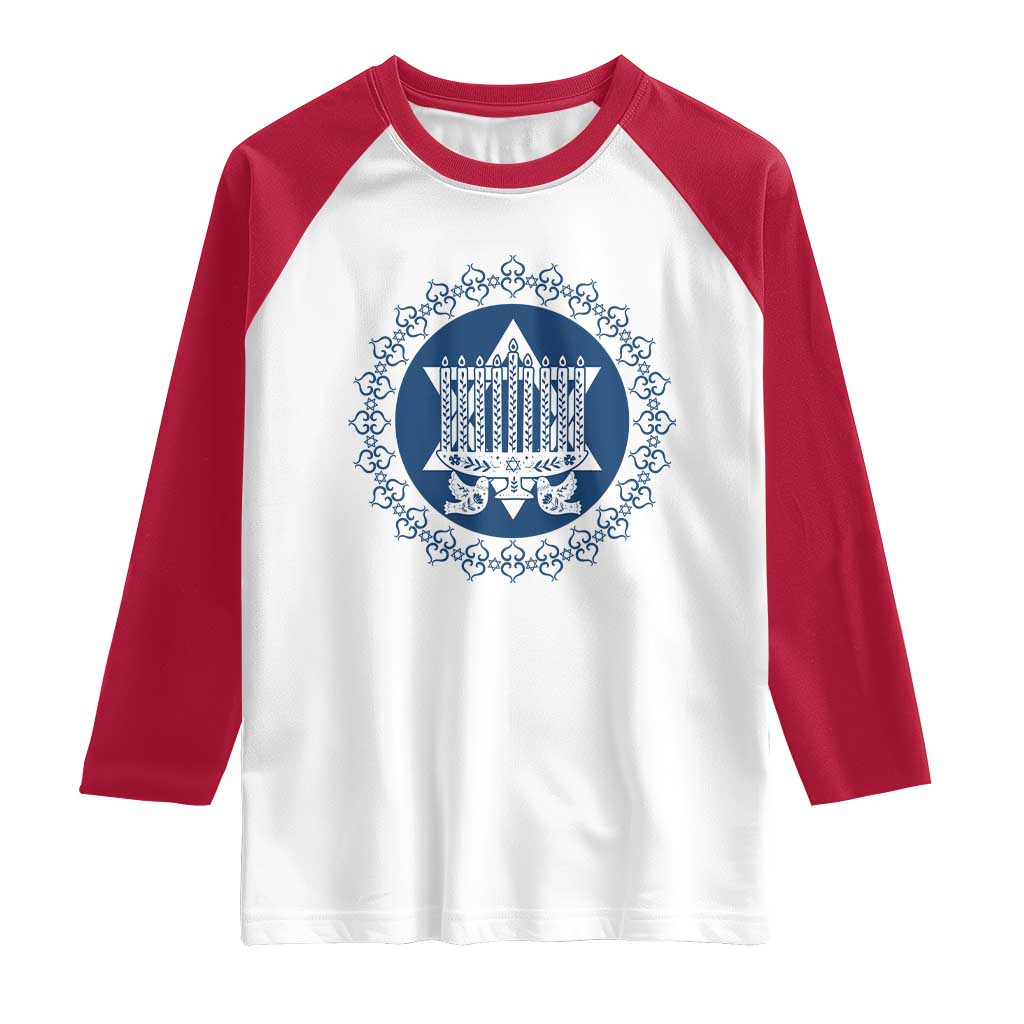 Hanukkah Vintage Menorah Peace Doves Raglan Shirt Festival Of Lights Gift - Wonder Print Shop