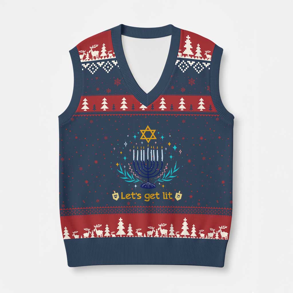 Funny Hanukkah V-Neck Knit Sweater Vest Lets Get Lit Jewish Holiday Gift - Wonder Print Shop