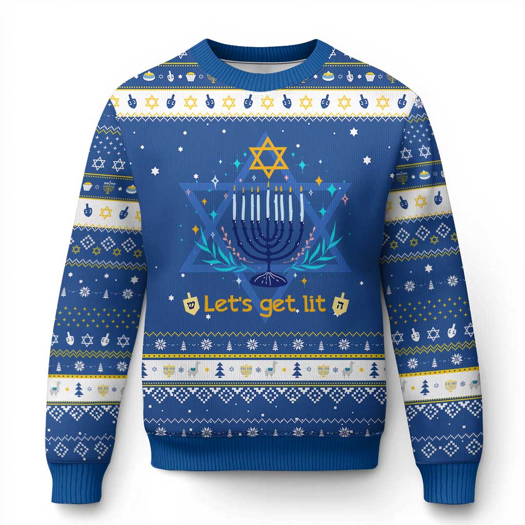 Funny Chanukkah Hanukkah Ugly Sweater Lets Get Lit Jewish Holiday Gift - Wonder Print Shop