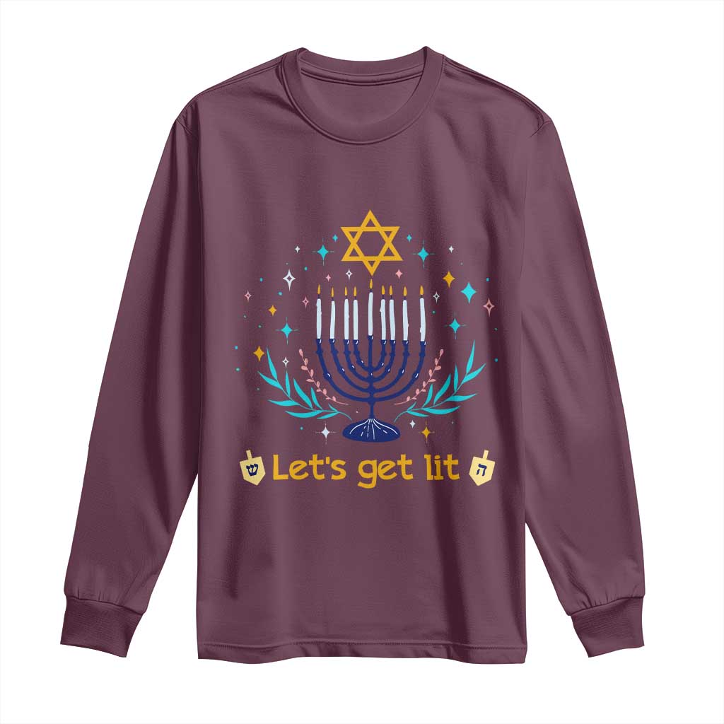 Funny Hanukkah Long Sleeve Shirt Lets Get Lit Jewish Holiday Gift - Wonder Print Shop