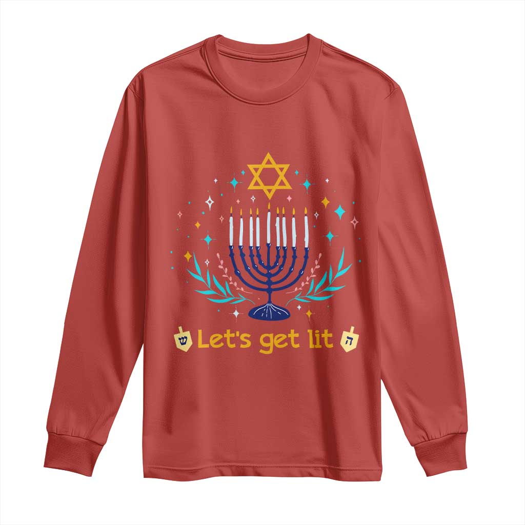 Funny Hanukkah Long Sleeve Shirt Lets Get Lit Jewish Holiday Gift - Wonder Print Shop