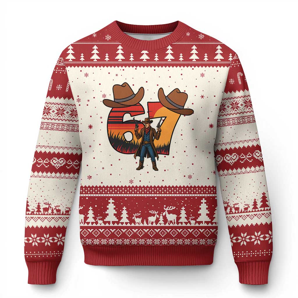 Six Seven Meme Cowboy Ugly Christmas Sweater Funny Western 67 Trend Gift - Wonder Print Shop