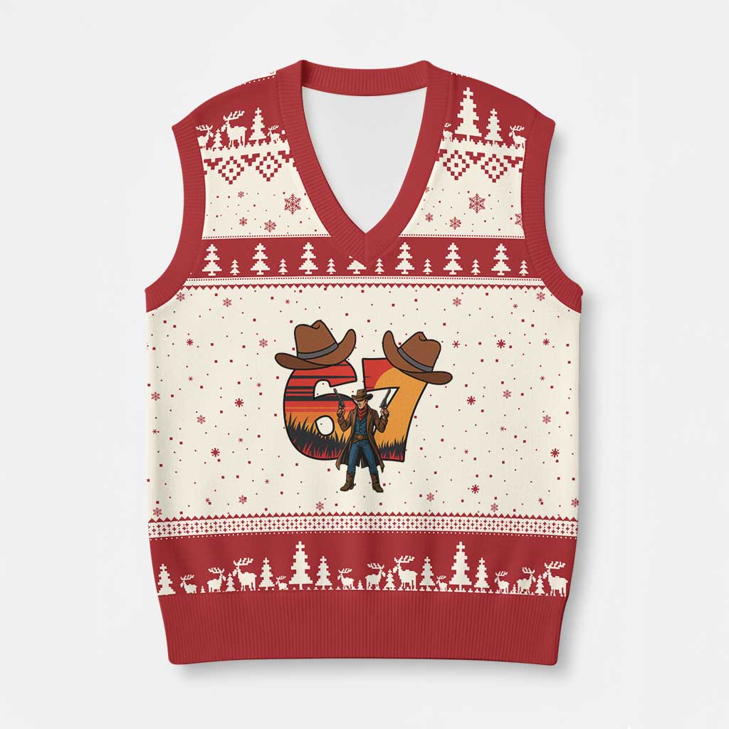 Six Seven Meme Cowboy V-Neck Knit Sweater Vest Funny Western 67 Trend Gift - Wonder Print Shop