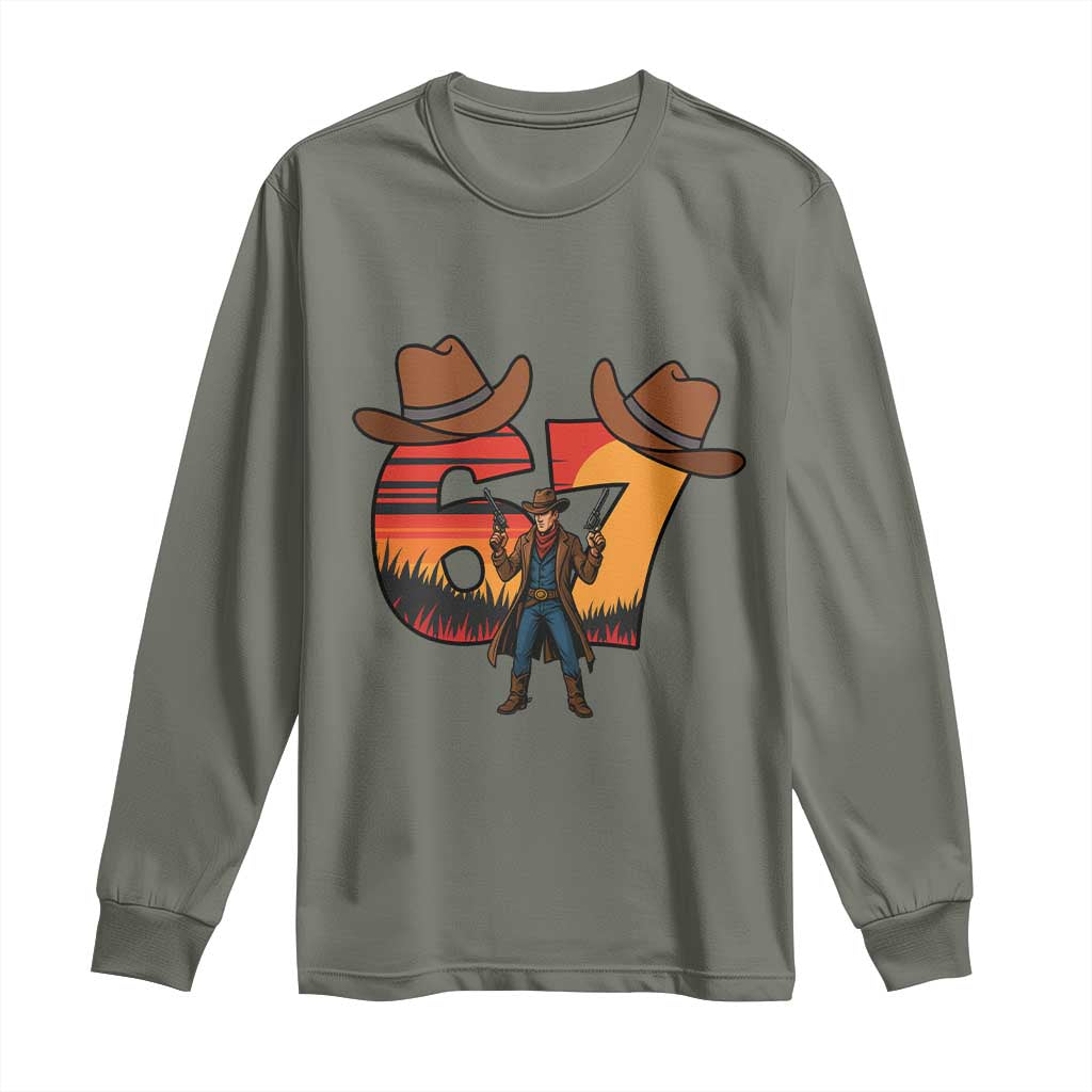Six Seven Meme Cowboy Long Sleeve Shirt Funny Western 67 Trend Gift - Wonder Print Shop
