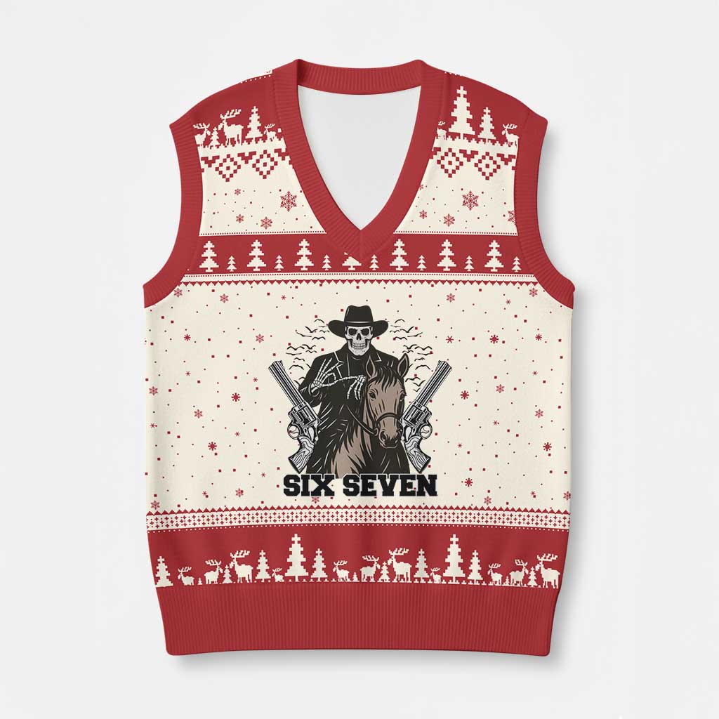 Six Seven Meme Skeleton Cowboy V-Neck Knit Sweater Vest Funny Western Gift - Wonder Print Shop