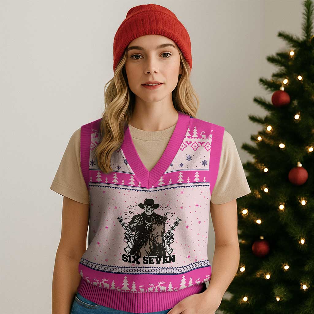 Six Seven Meme Skeleton Cowboy V-Neck Knit Sweater Vest Funny Western Gift - Wonder Print Shop