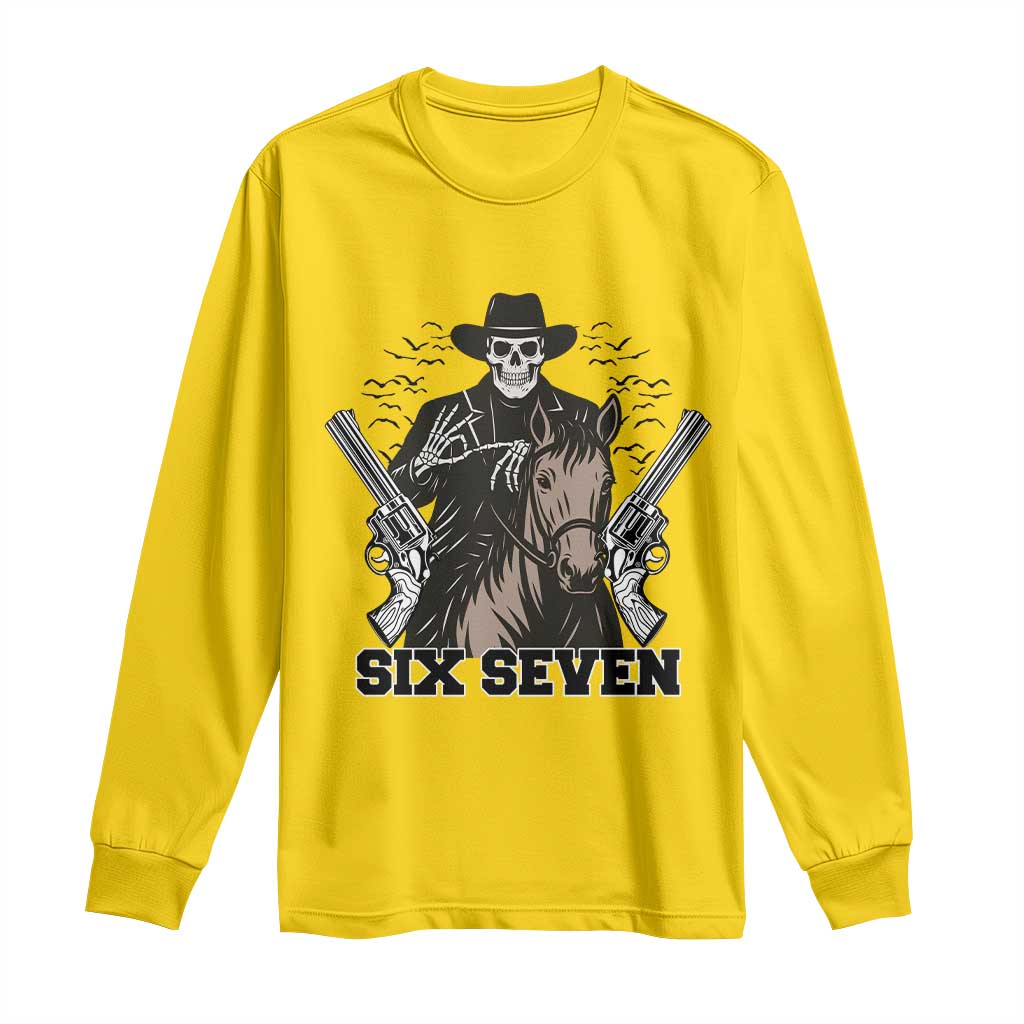 Six Seven Meme Skeleton Cowboy Long Sleeve Shirt Funny Western Gift - Wonder Print Shop