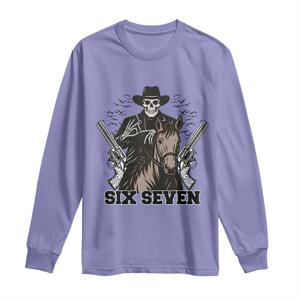 Six Seven Meme Skeleton Cowboy Long Sleeve Shirt Funny Western Gift - Wonder Print Shop