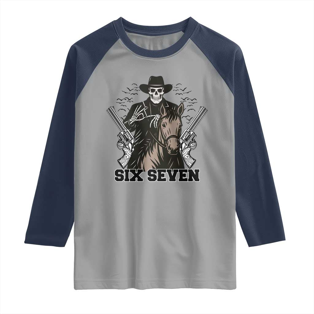 Six Seven Meme Skeleton Cowboy Raglan Shirt Funny Western Gift - Wonder Print Shop
