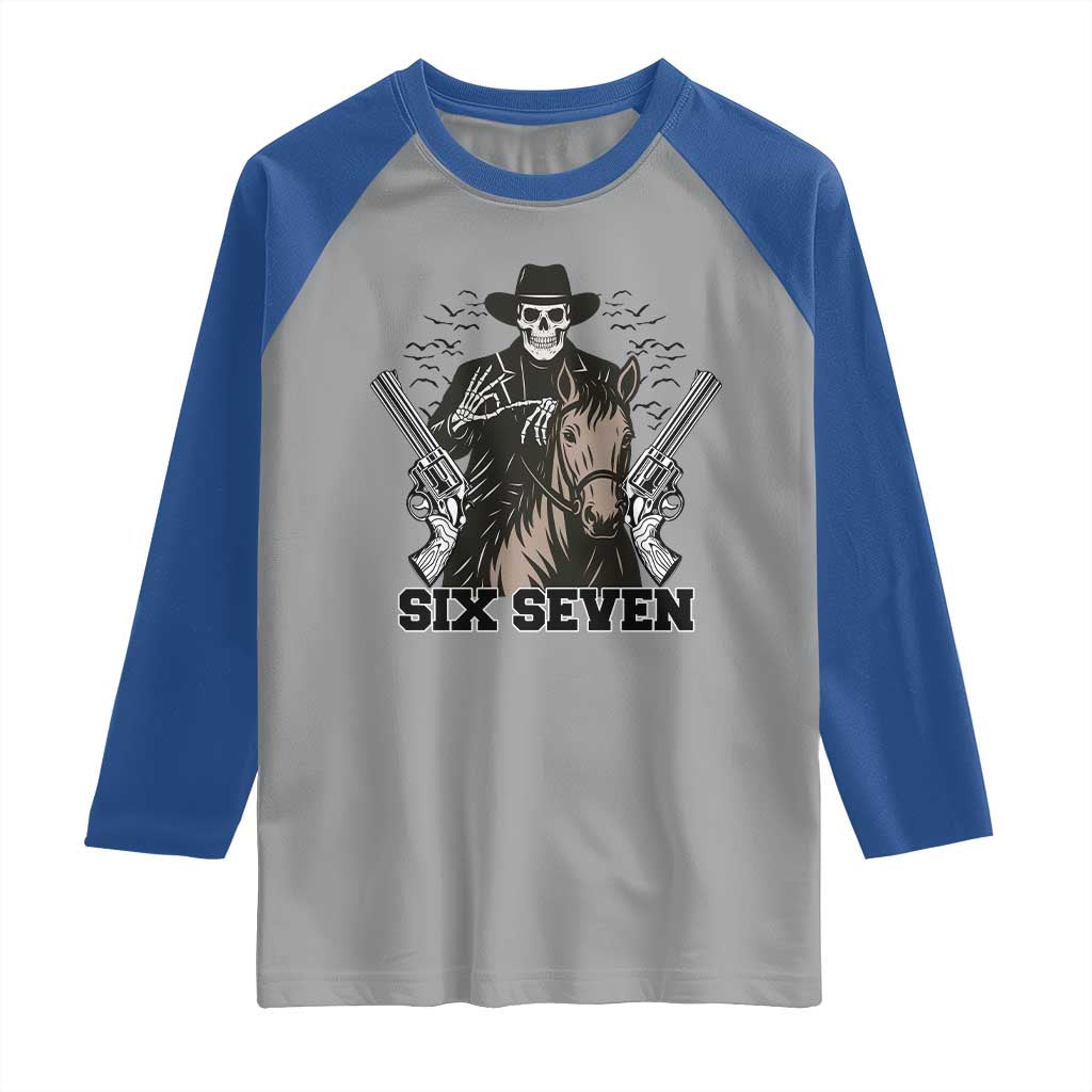 Six Seven Meme Skeleton Cowboy Raglan Shirt Funny Western Gift - Wonder Print Shop