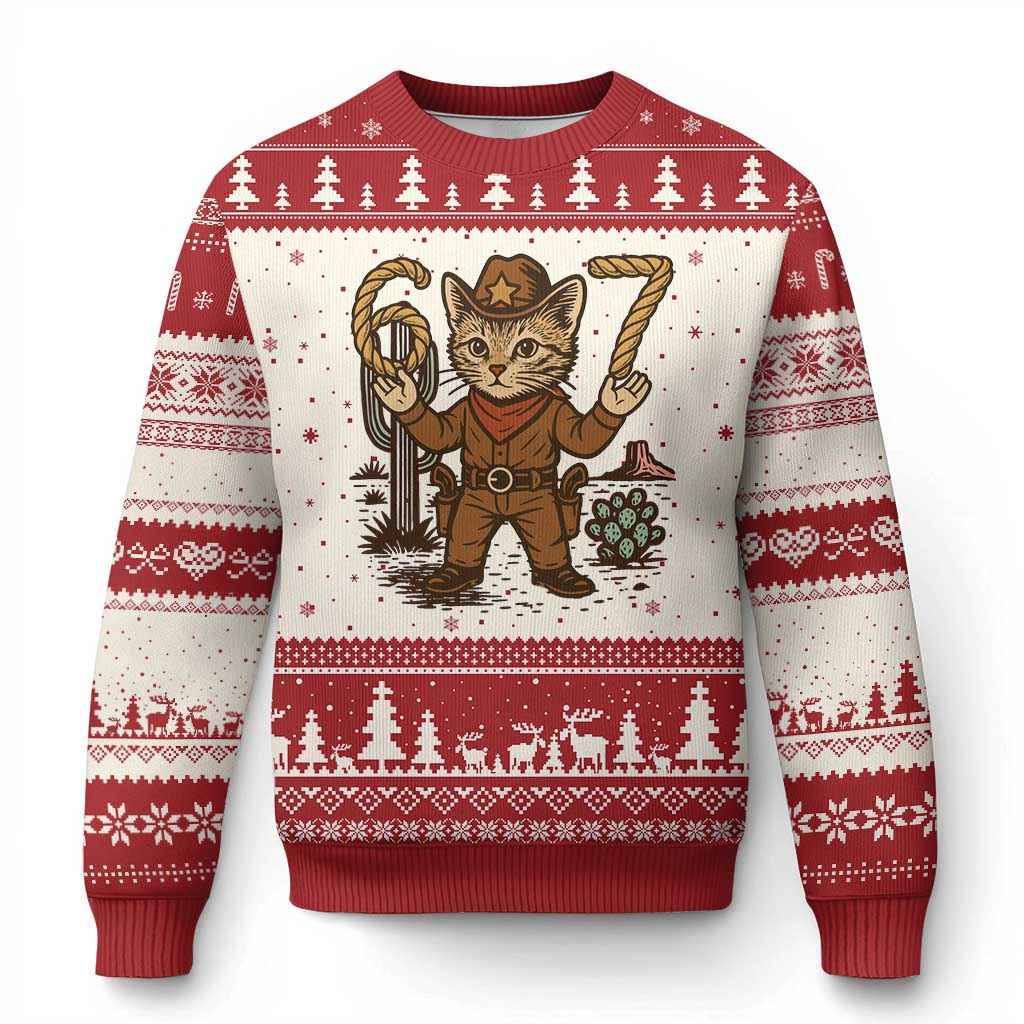 Funny Cowcat Six Seven Meme Ugly Christmas Sweater Gen Alpha 67 Trend Gift - Wonder Print Shop